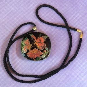 Vintage black cloisonné butterfly necklace pendant